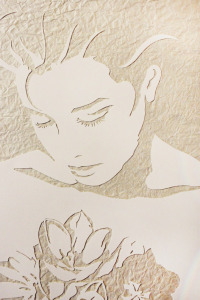Original Art , Female Figure in Mixed Media (handmade paper on paper) "THROUGH THE TULIPS" by Marcy Ann Villafaña