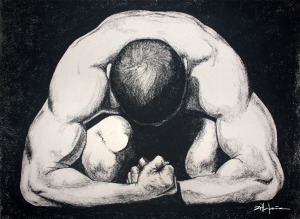 Original Art, Nude Male Figure Art - drawing / illustration Charcoal and Graphite "CROUCHING MAN" by Marcy Ann Villafaña