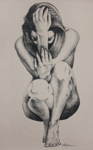 Original Art, Nude Art Female - Charcoal - Graphite drawing "CROUCHING WOMAN" by Marcy Ann Villafaña