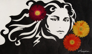 Original Art , Female Figure in Mixed Media (handmade paper on paper) "AMONG the FLOWERS"- Dina by Marcy Ann Villafaña