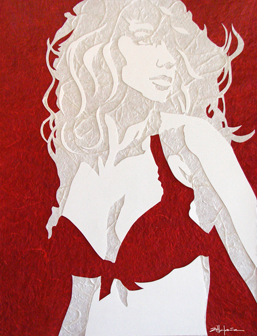 Original Art , Female Figure in Mixed Media (handmade paper on paper) "CRIMSON" by Marcy Ann Villafaña