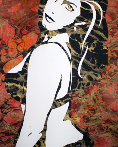 Original Art , Female Figure in Mixed Media (handmade paper on paper) & Metallic Paint "Cold Fire" by Marcy Ann Villafaña