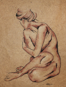 Original Art , Nude Female - Organic Bark Paper - India Ink & Pastels "SHY" by Marcy Ann Villafaña