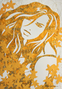 Original Art, Female Figure in Mixed Media (handmade paper on paper) & metallic paint "Little Yellow Flowers" by Marcy Ann Villafaña 38" x 30" x 1 1/2"