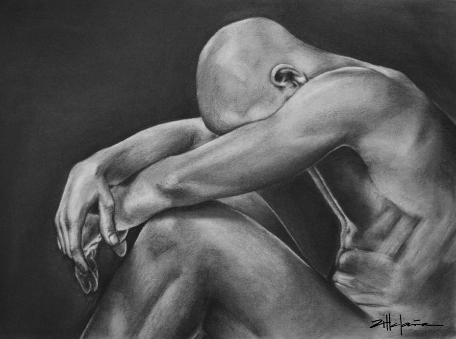 Original Art, Nude Male Figure Art - drawing / illustration Charcoal and Graphite "INTHE DARK" by Marcy Ann Villafaña