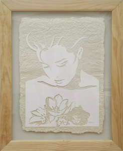 Original Art , Female Figure in Mixed Media (handmade paper on paper) "THROUGH THE TULIPS" by Marcy Ann Villafaña