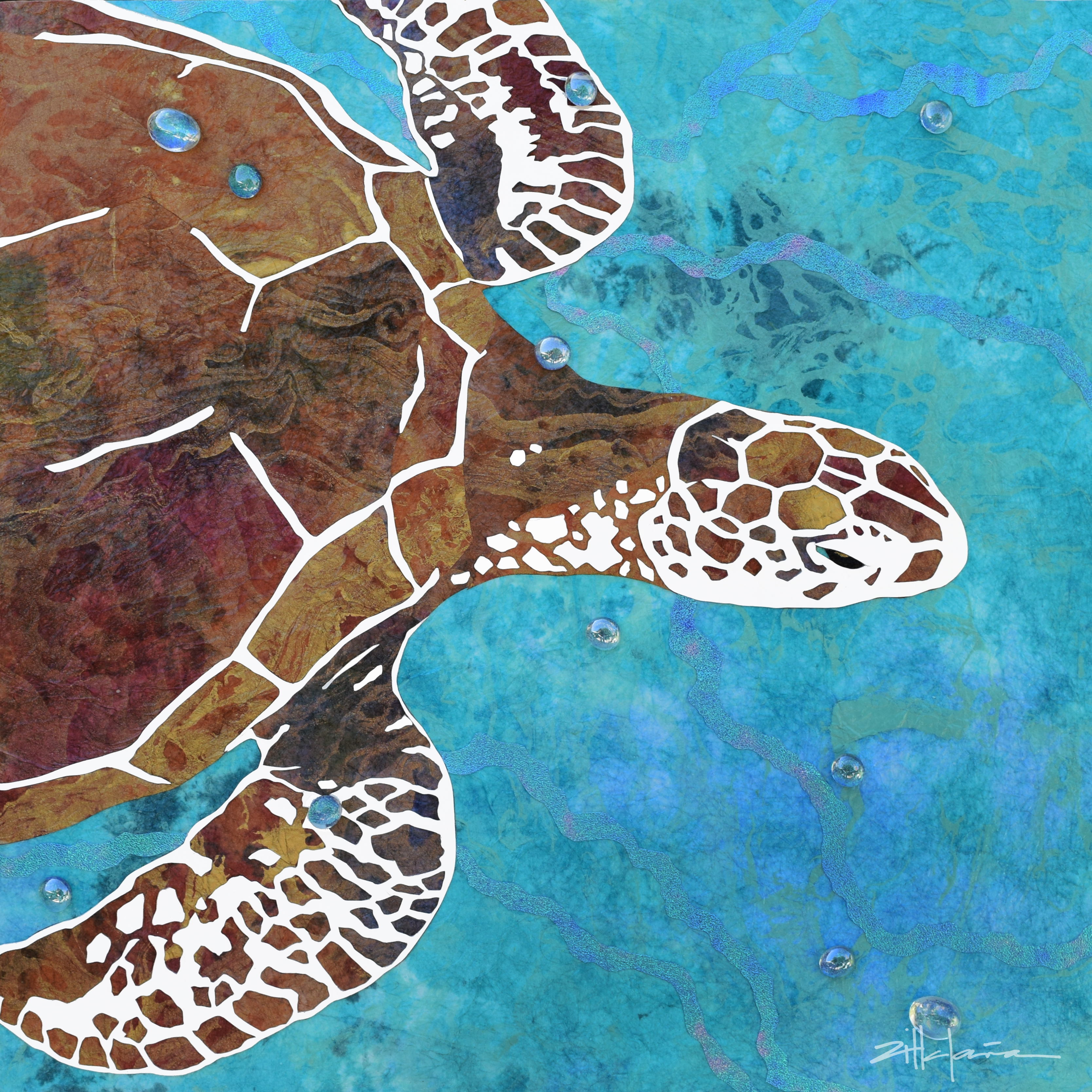 Danza de las Tortugas - Dancing Green Sea Turtles of the Caribbean Oceans - Original fine art by Marcy Ann VIllafana "24 x 24" mixed media - paper on cut paper with inks and glass