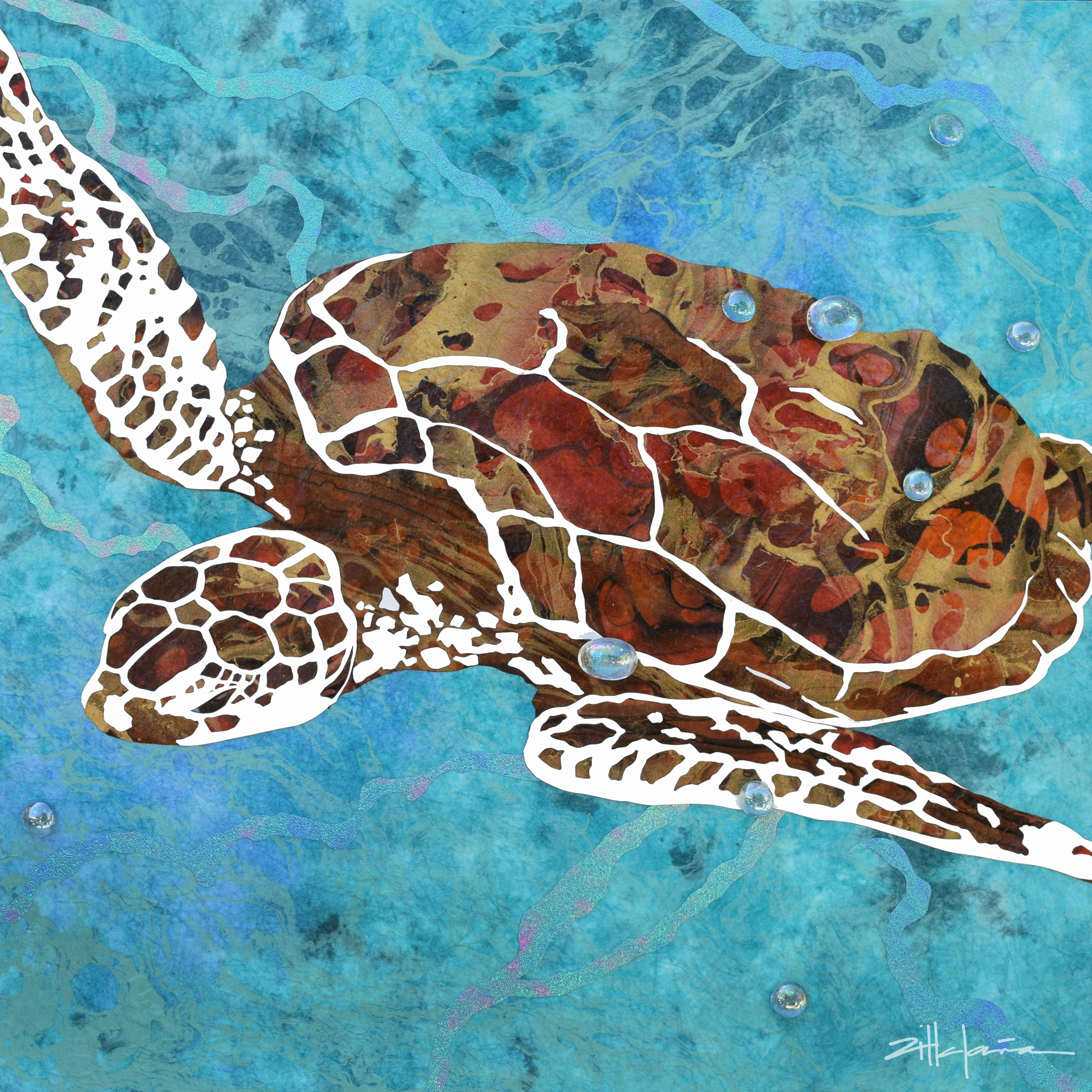 Danza de las Tortugas - Dancing Green Sea Turtles of the Caribbean Oceans - Original fine art by Marcy Ann VIllafana