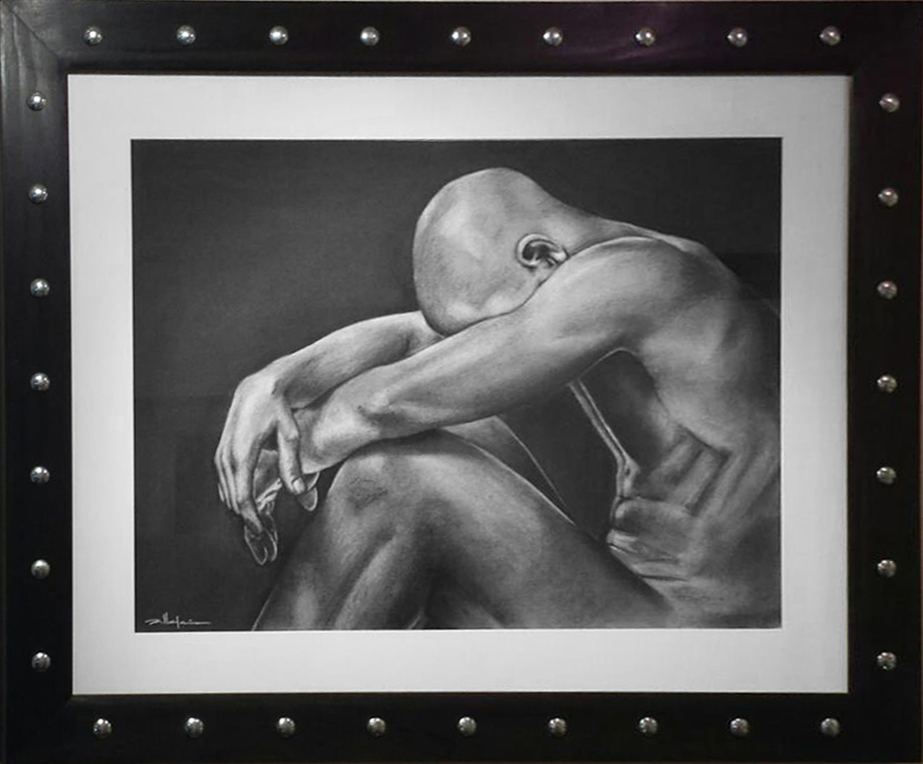 Original Art, Nude Male Figure Art - drawing / illustration Charcoal and Graphite "INTHE DARK" by Marcy Ann Villafaña