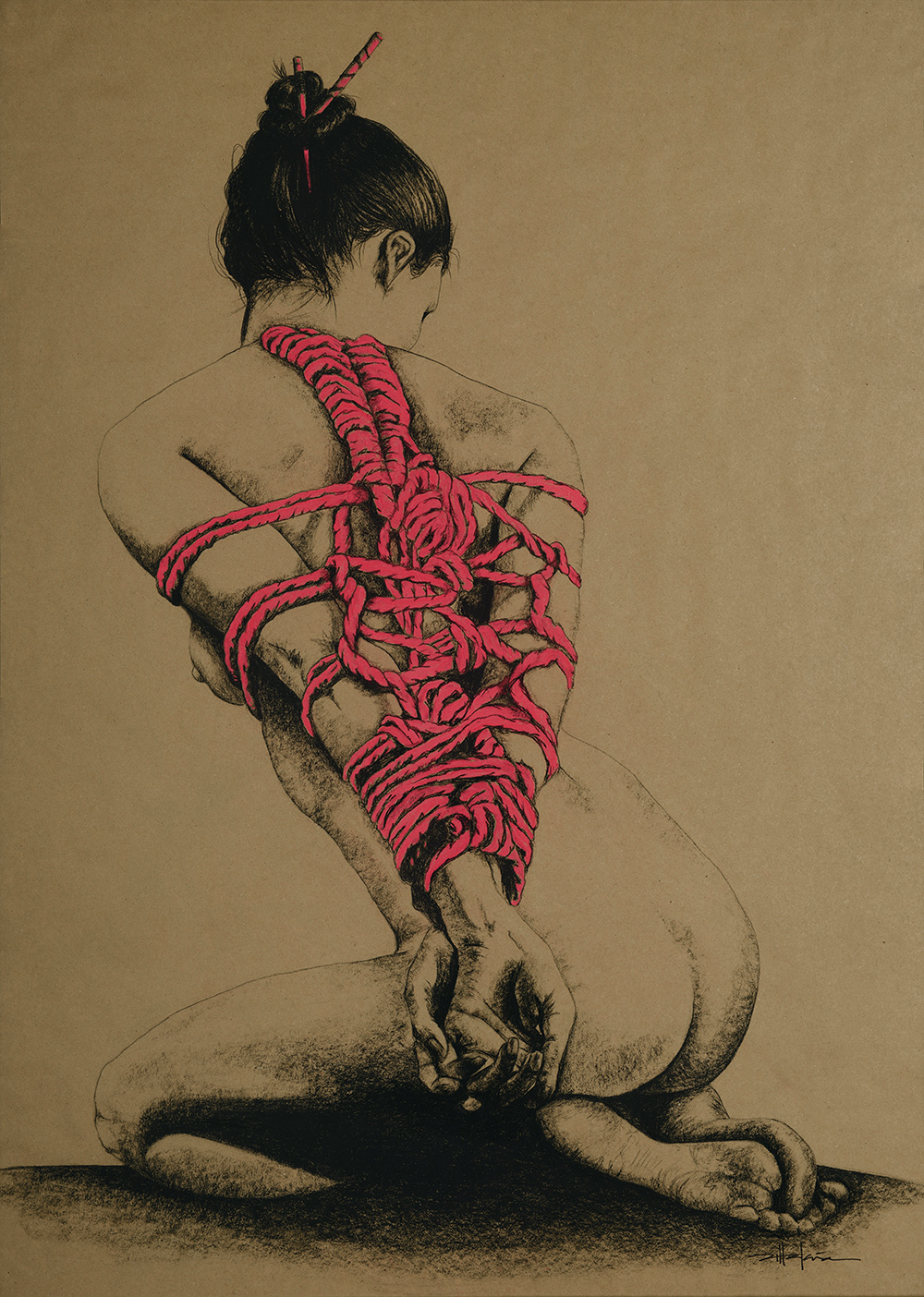 Original Art, Nude Art Female - Charcoal - Graphite, conte, pastel drawing "LADY IN RED" by Marcy Ann Villafaña